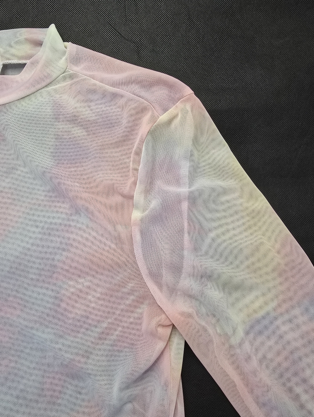 No Boundaries Sheer Top Pastel Pink Tie Dye Mesh 3/4 Sleeve Mock Neck Y2K L - Picture 8 of 12